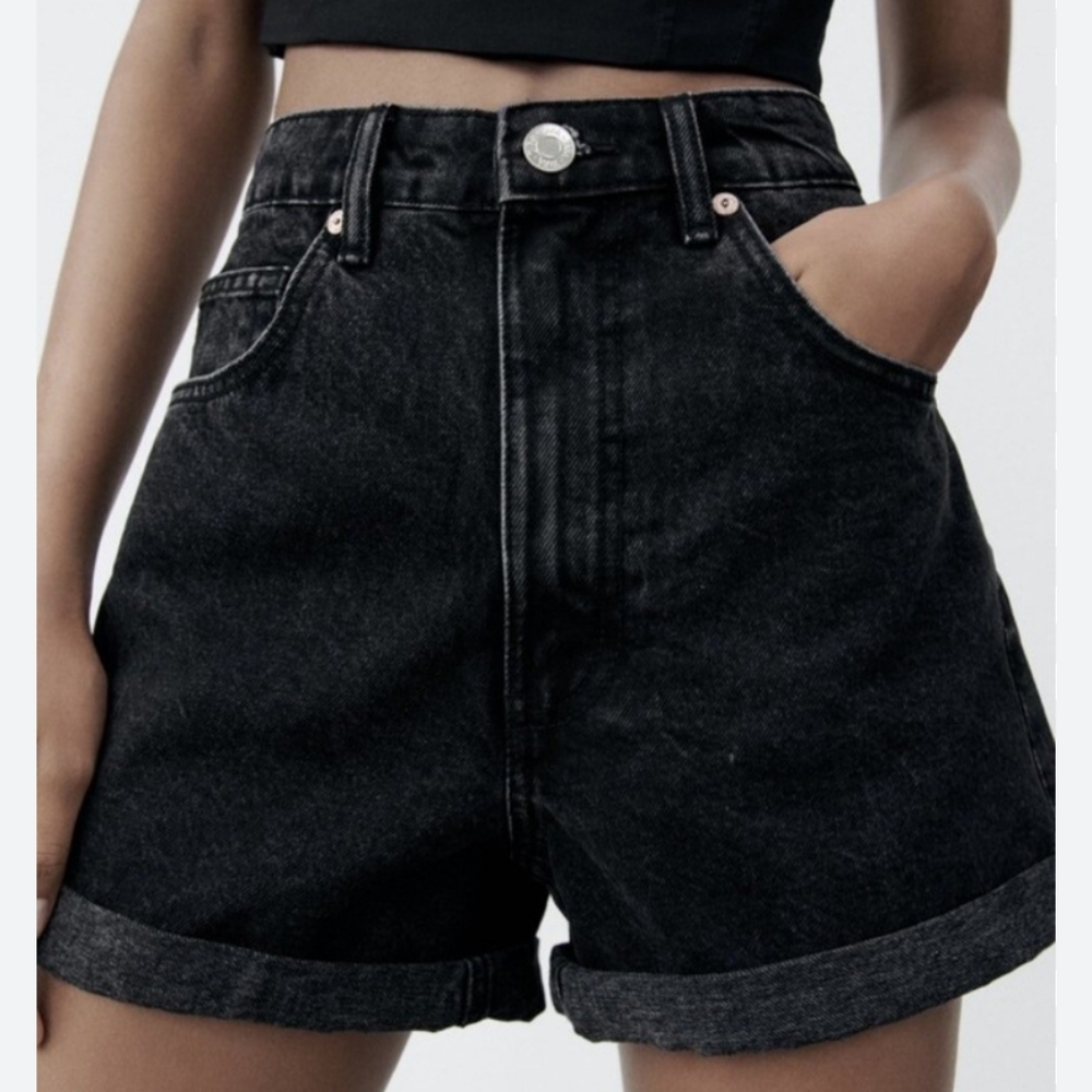 Zara High waisted Mom 4 Classic Grey Black Denim Women's Shorts Cotton